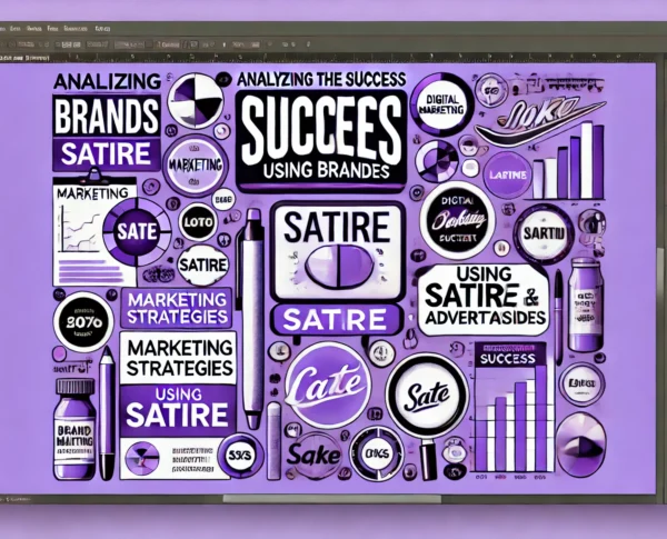 Visual representation of strategies for analyzing the success of brands using satire in their advertisements, incorporating marketing tools and performance metrics.

