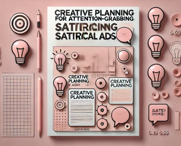 Creative Planning for Attention-Grabbing Satirical Ads – A conceptual poster illustrating techniques for developing engaging and humorous advertisements through creative planning.