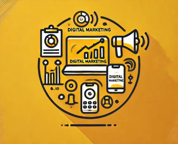 A visual representation of digital marketing strategies, featuring various tools such as mobile devices, data analytics, and communication elements.

