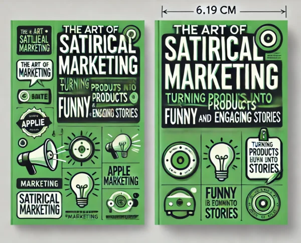 Two books on satirical marketing, featuring creative design elements and surrounded by green stationery items, highlighting a playful approach to marketing.

