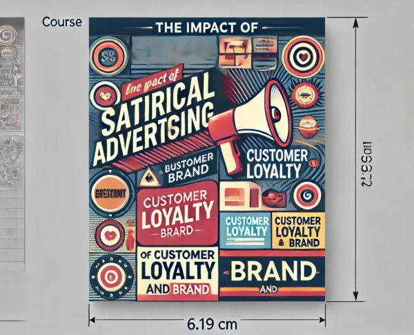 An infographic depicting the relationship between satirical advertising, customer loyalty, and brand identity, with creative visual elements and target symbols.

